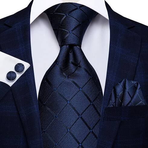 Hedvábná modrá vzorovaná kravata s manžetovými knoflíčky a kapesníčkem 150 x 8,5 cm Luxusní pánský set Elegantní doplněk Business i společenské události