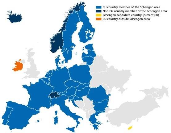 Map showing countries in Europe which are part of the Schengen area.