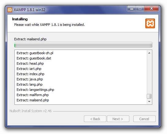 Installing XAMPP: Unpacking Files Screen