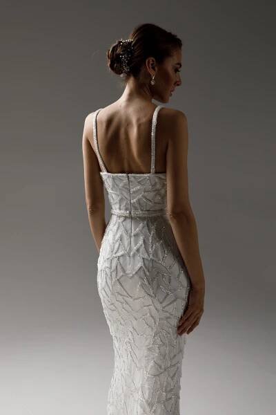 Felicity gown, 2021, couture, dress, bridal, off-white, embroidery, sheath silhouette