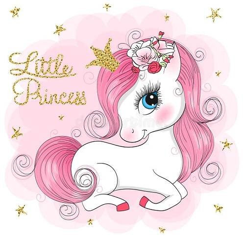 Hand drawn beautiful cute little unicorn girl with flowers on her head. stock illustration