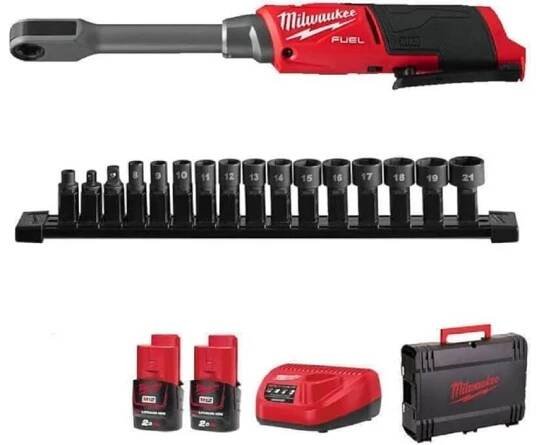 MILWAUKEE M12FPTR-202X aku průchozí ráčna v kufru s ořechy včetně baterie 2x2Ah a nabíječky 4933499411