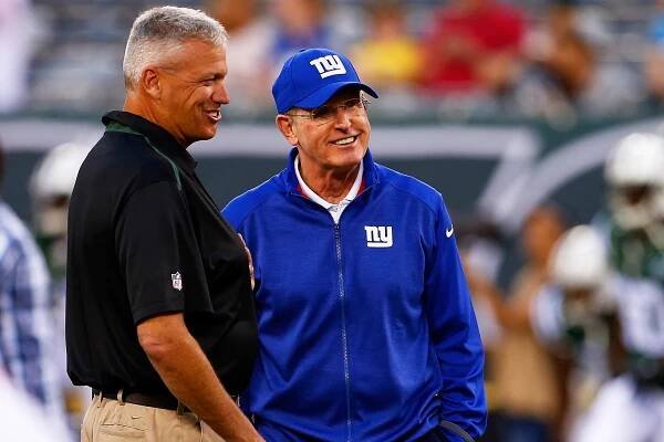 Rex Ryan and Tom Coughlin talk before the Jets-Giants preseason game last month.