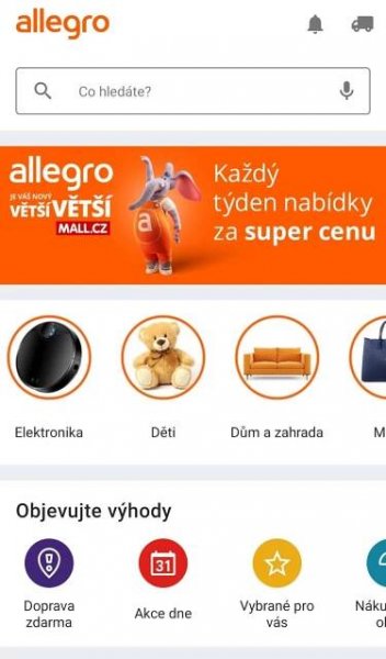 Rozhraní mobilní aplikace Allegro.cz