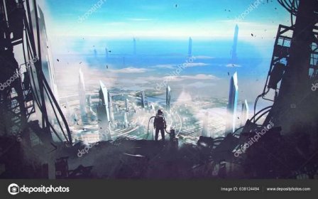 Download - Man stands atop a sky-high futuristic structure and looking down on the city below, digital art style, illustration painting — Stock Image