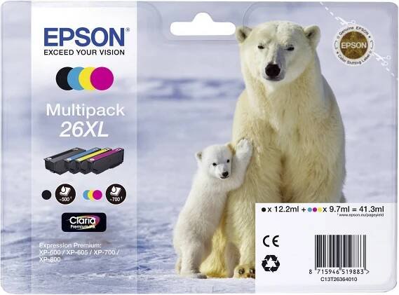 Epson Ink 26XL originál kombinované balení černá, azurová, purppurová, žlutá C13T26364010