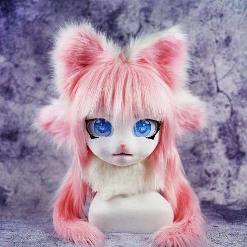 May include: A pink furry mask with white fur ears and a white fur collar. The mask has blue eyes with a heart design and a white nose and mouth.
