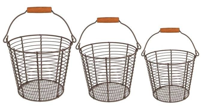 Set 3ks drátěných ozdobných košíků s dřevěnou rukojetí - Ø 21*16 / Ø 18*14 / Ø 15*13 cm Clayre & Eef