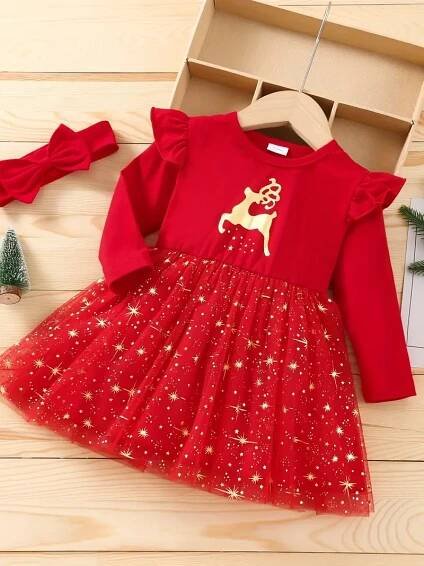 batole děvčata vánoční večírek maškarní oblečení   zlatý potisk s písmeny zářící hvězdy grafická síťovina tutu dress set Podrobnosti o produktu 1
