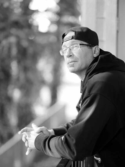 A black-and-white portrait of Drew Goff