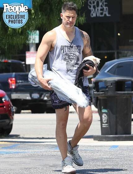 Joe Manganiello is seen for the first time since he and estranged wife Sofia Vergara announced they were divorcing - tightly clutching the couple's dog Bubbles