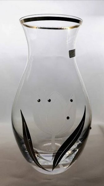 LsG-Crystal Váza skleněná broušená/ rytá 10 x SWAROVSKI krystal platina květina s rosou originál baleni Wa-489 220 mm 1 Ks.