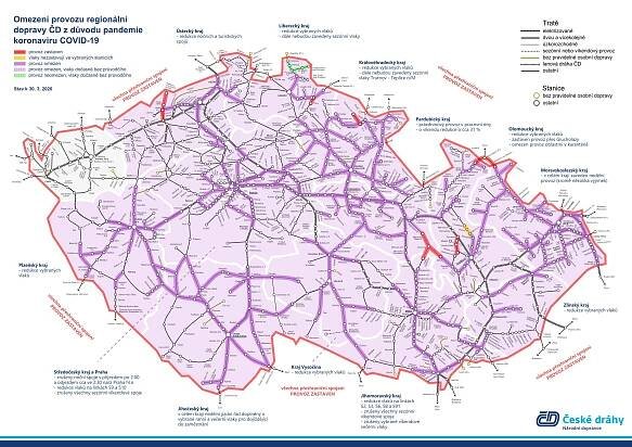 Mapa omezení regionální dopravy k 30. 3. 2020
