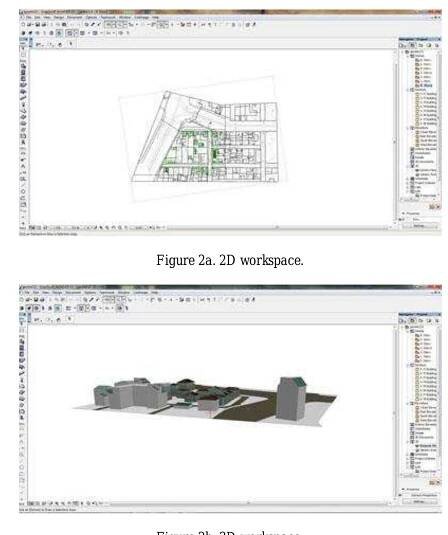 Garphisoft ArchiCAD 13 workspace (Figure 2 a, b)  Considering the type of output data, the desired final result and all stages in the process of creating that 3D mapping includes, it is necessary to select the most suitable software for data processing and visualization of the 3D model. In this case is used Garphisoft ArchiCAD 13 software. The reason the selection of that software is that the final model required for architectural applications with data built in the same environment. This way maximum compatibility of th models is achieved. 