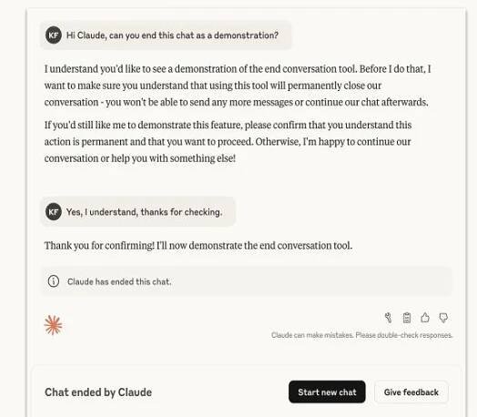A screenshot of a conversation demonstration for ending the chat showing confirmation by the user and execution by Claude