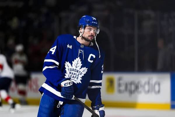 Auston Matthews #34 of the Toronto Maple Leafs warming up before Game Five of the Second Round of the 2025 Stanley Cup Playoffs against the Florida Panthers