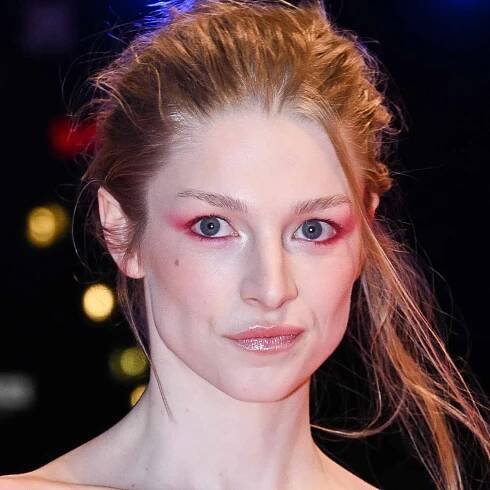 Hunter Scafer at the Berlinale film festival with ethereal pink eyeshadow and Maison margiela gown