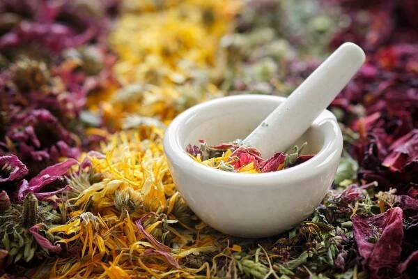 Minomet z léčivých bylin. Sušená echinacea, kalendář, divoký majoránka, okvětní lístky růží. Alternativní medicína. — Stock obrázek