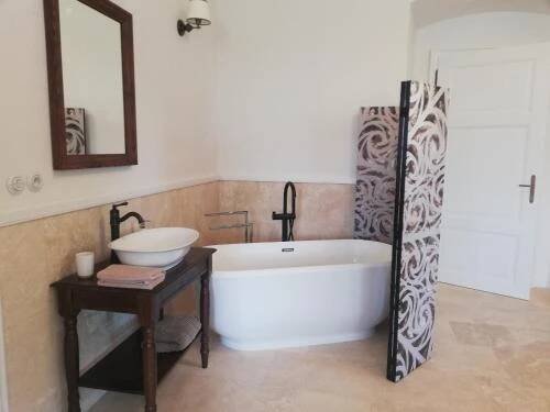a bathroom with a tub and a sink and a mirror at Penzion Zámek Rozsochatec in Rozsochatec