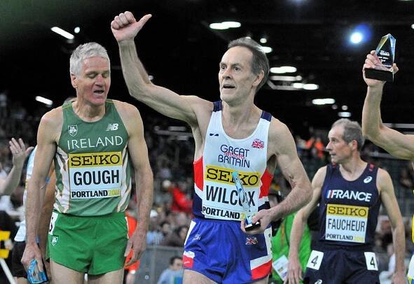 David Wilcock signals victory after edging Joe Gough in the masters men's 800.