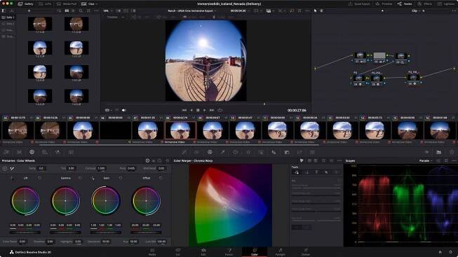 Screenshot of a video editing software showing a fisheye lens video of a boardwalk under sunlight. Various color grading, color wheels, chroma mapping, and node panels are visible on the workspace.