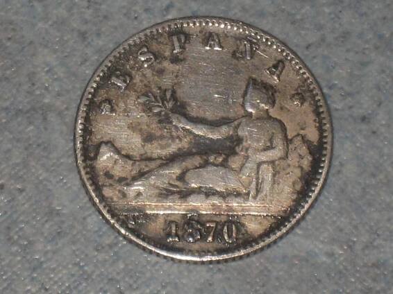 Stříbrná 1 Peseta 1870, Španělsko - Numismatika