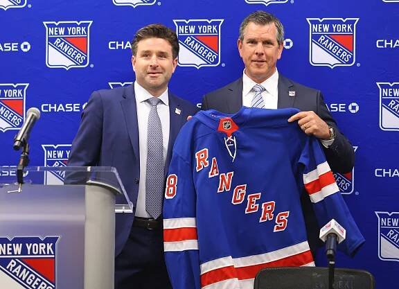 Chris Drury and Mike Sullivan at a New York Rangers press conference.