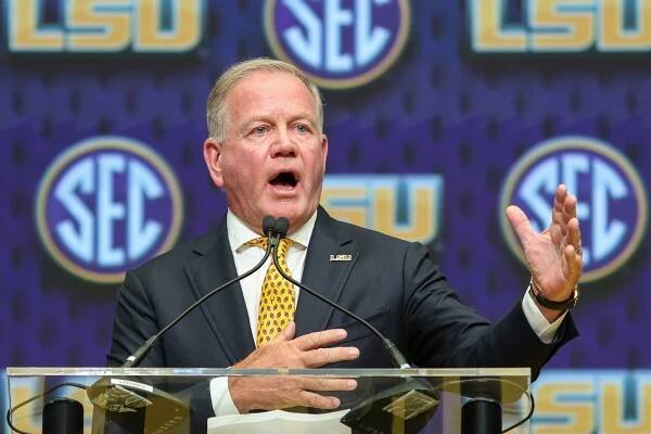 Jul 16, 2025; Atlanta, GA, USA; LSU Tigers head coach Brian Kelly talks to the media during SEC Media Day at Omni Atlanta Hotel July 16, 2025.