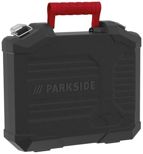 Černý kufr na nářadí Parkside s červenou rukojetí.