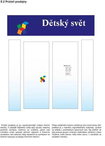 E.2 Průčelí prodejny




                                               Dětský svět



                                                                        Dětský svět
                                                                          pondělí - pátek
                                                                          9.00 - 18.00
                                                                          sobota, neděle
                                                                          9.00 - 16.00
                                                                          zodpovědný vedoucí:
                                                                          Petra Sedláková
                                                                          IČO 617 201 86
                                                                          telefon 067-724 40 42




 Průčelí prodejny je tou nejvýznamnější vizitkou firemní   Polep světelného butonu kombinují dva různé druhy folií:
identity. V případě Dětského světa byly použity všechny    podklad je z matného neprůhledného materiálu, symbol
grafické symboly. Zatímco se světelný panel nad            se skládá z průhledných barevných folií. Na dveřích se
vchodem snaží upoutat zářivým nápisem a firemním           pak pracuje pouze z matným materiálem, přičemž u textu
symbolem, text otevírací doby společně se symbolem na      můžeme zvolit černou nebo bílou barvu, v závislosti na
dveřích navazuje na design firemních tiskovin.             osvětlení interiéru.
 