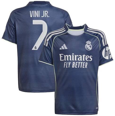 Real Madrid adidas Away Shirt 2025-26 - Kids with Vini Jr. 7 printing