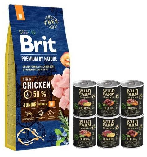 BRIT Premium By Nature Junior M 15kg & WILD FARM Monoprotein Mix chutí 6x400g hypoalergenní krmivo pro psy