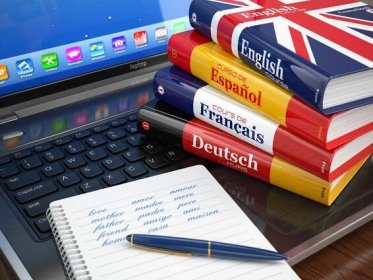 Download - E-learning. Learning languages online. Dictionaries  on laptop. 3d — Stock Image
