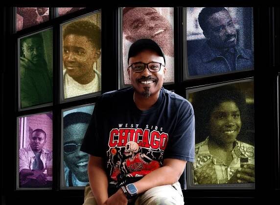 Actory and singer Jason Weaver is sitting in front of tv screens. Each screen shows a different era of his career. Photo of Jason Weaver and graphic design by Ash Lane for The TRiiBE.