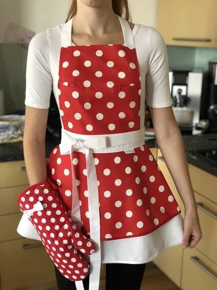 Červená ŠATOVÁ KUCHYNSKÁ ZÁSTĚRA RETRO CHIC