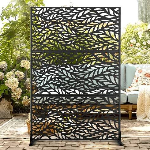 Black Metal Privacy Screen for Outdoor Patio - Freestanding, Decorative Fence Panel with Stand, 72.1&*;H *.2&*;W, Patio Privacy Screen