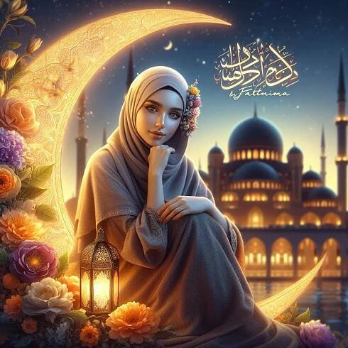 AI Ramadan Mubarak Flower Moon With Girl