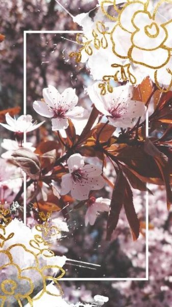 some white and gold flowers on a branch with an empty frame in the middle that says happy new year