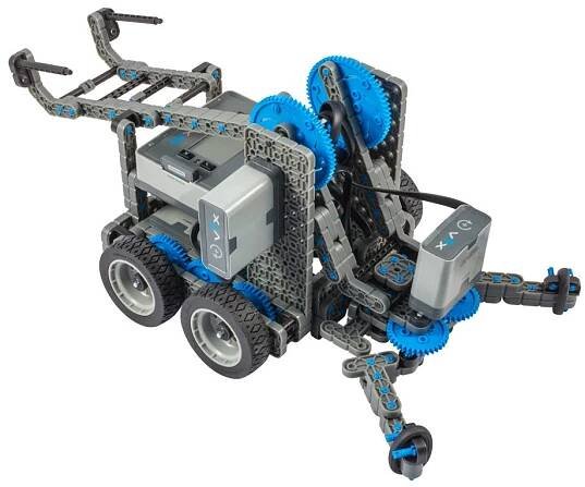 Image show a robot made with VEX, a robotics tool similar to LEGO Mindstorms. The Vex robot has a grabber claw on the front with a motor, and four wheels.