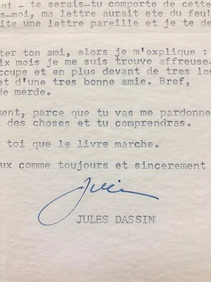 Mémoire d'encres - Autographe cinéma Jules Dassin