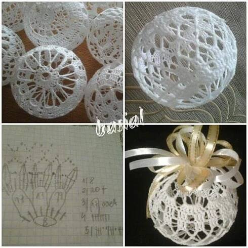 crocheted doily ornaments are shown in three different pictures, one is white and the other has gold ribbon