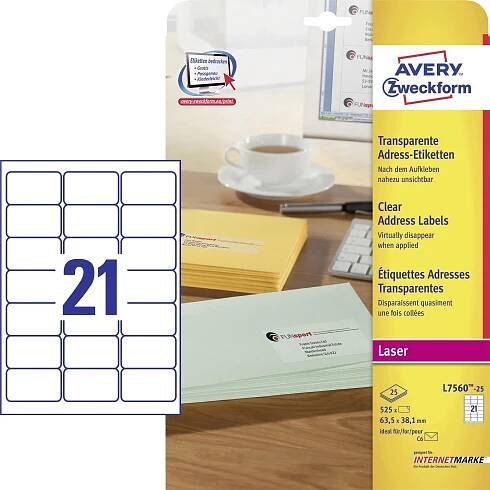 Avery-Zweckform L7560-25 Adresní nálepky 63.5 x 38.1 mm poylesterová fólie transparentní 525 ks trvalé inkoustová tiskárna, laserová tiskárna, barevná laserová