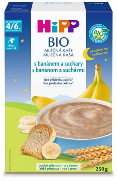 HiPP BIO Kaše mléčná na dobrou noc s banánem a suchary od uk. 4.-6. měsíce 250 g