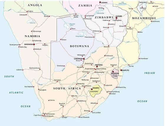 An image of a road map of South Africa, showing major highways, some cities, and neighboring countries.