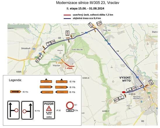 Dopravní opatření k 2. etapě stavby Modernizace silnice III/30523 - uzavírky, objížďky 15.6.-31.8.2024 | Obec Vraclav