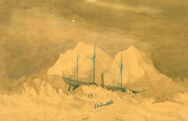 Painting shows one funnel steamer with three masts. Rudder showing. People leaving ships. Six men pushing a lifeboat into the water. 