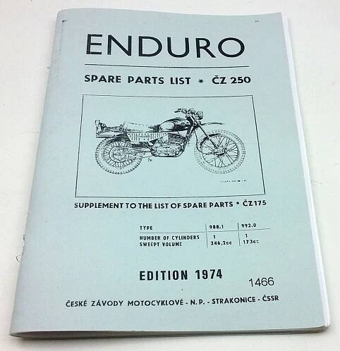 ČZ 250 typ 988.1, 992.0 Enduro Katalog dílů 1974 reprint