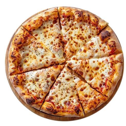 a sliced pizza sitting on top of a wooden cutting board next to a white background