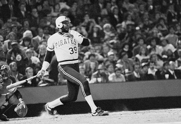 Dave Parker, Pittsburgh Pirates #39, hits a baseball.