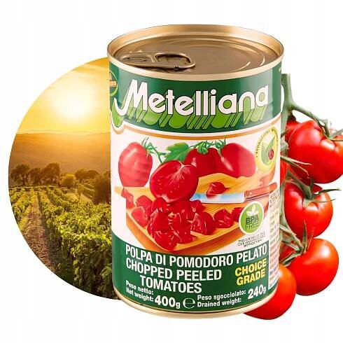 Italské rajčata pelati bez slupky KRÁJENÉ v plechovce 400 g Pancrazio LAHODNÉ